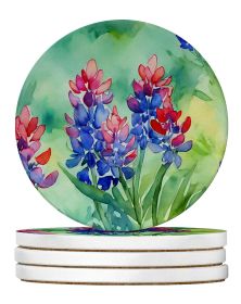 Texas Bluebonnets in Watercolor Large Sandstone Coasters Pack of 4 Absorbent Round Coasters Decor Gifts for Men or Women, 4 in, Multicolor