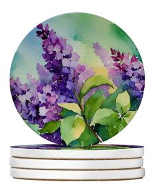 New Hampshire Purple Lilac in Watercolor Large Sandstone Coasters Pack of 4 Absorbent Round Coasters Decor Gifts for Men or Women, 4 in, Multicol